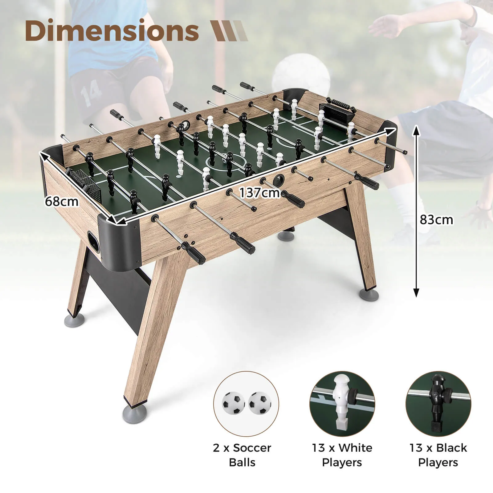 137cm Foosball Table Arcade Soccer Game Table with 2 Balls and 26 Players-Natural