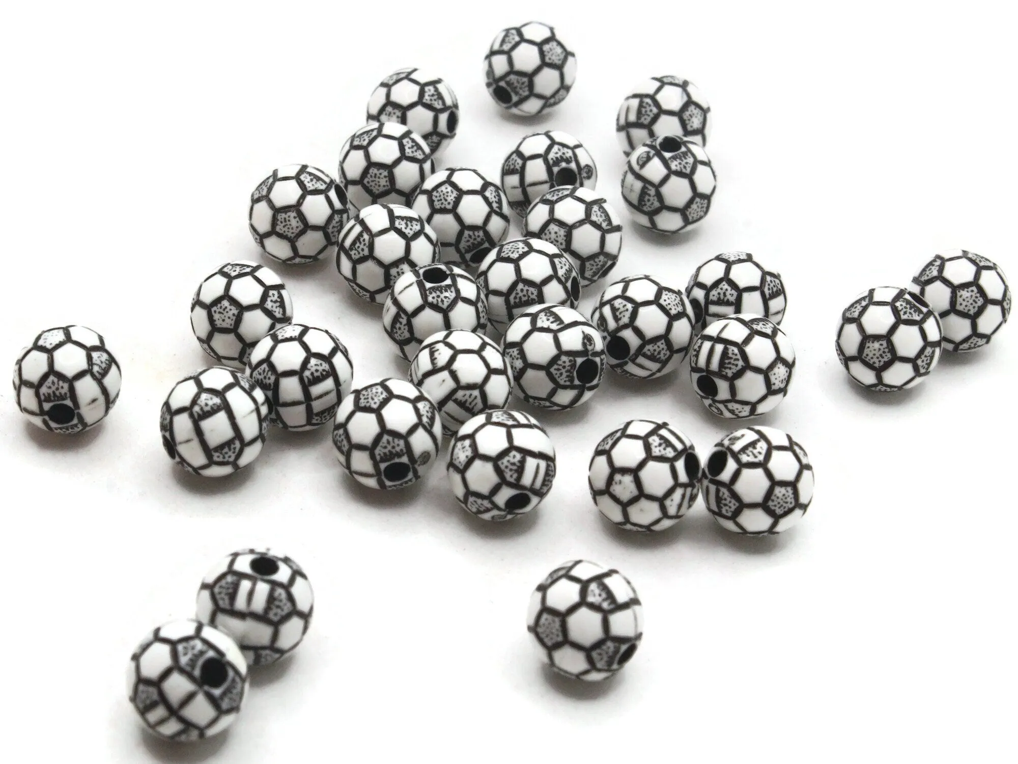 30 10mm Black and White Soccer Ball Round Plastic Sports Beads