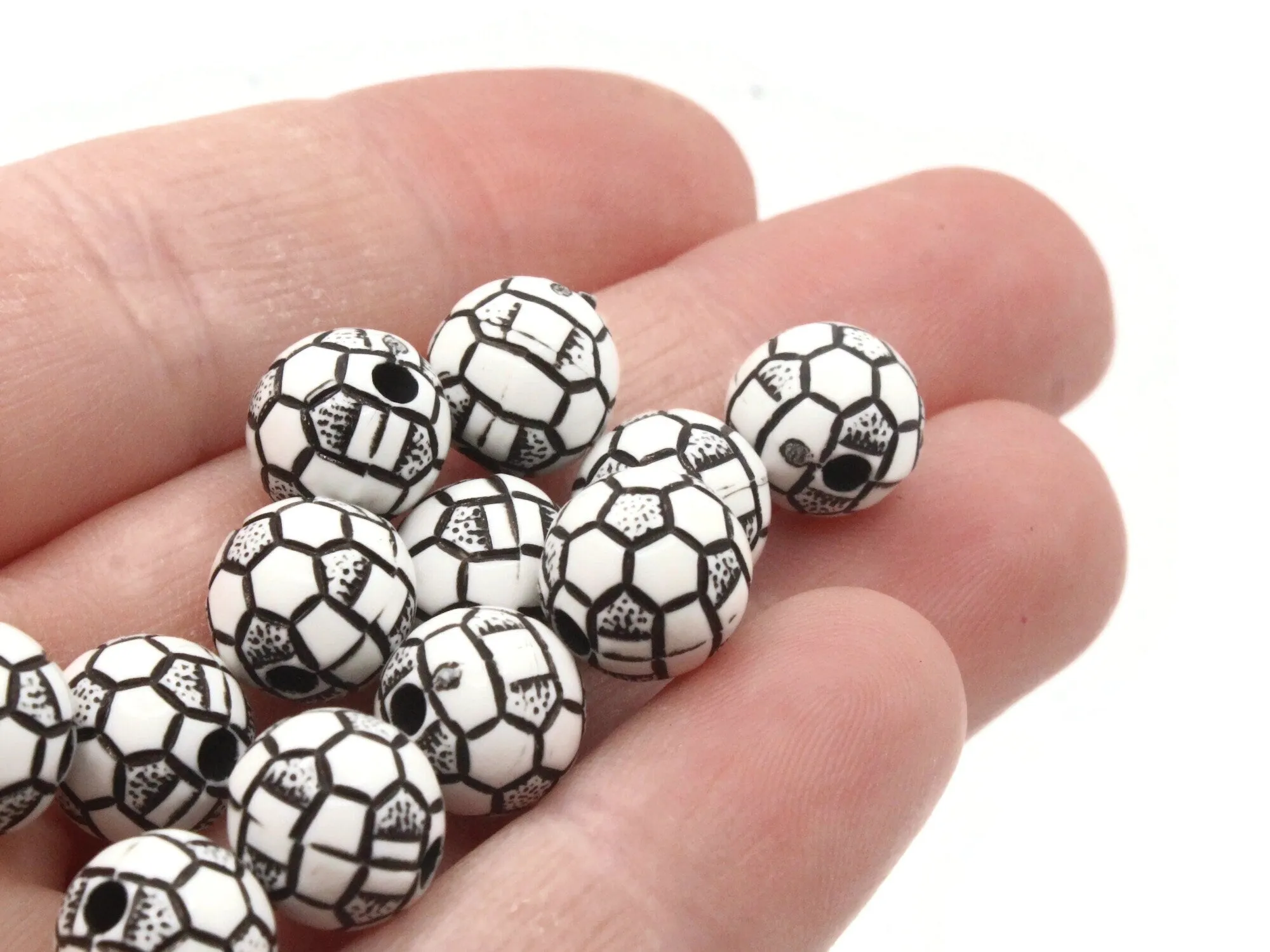 30 10mm Black and White Soccer Ball Round Plastic Sports Beads