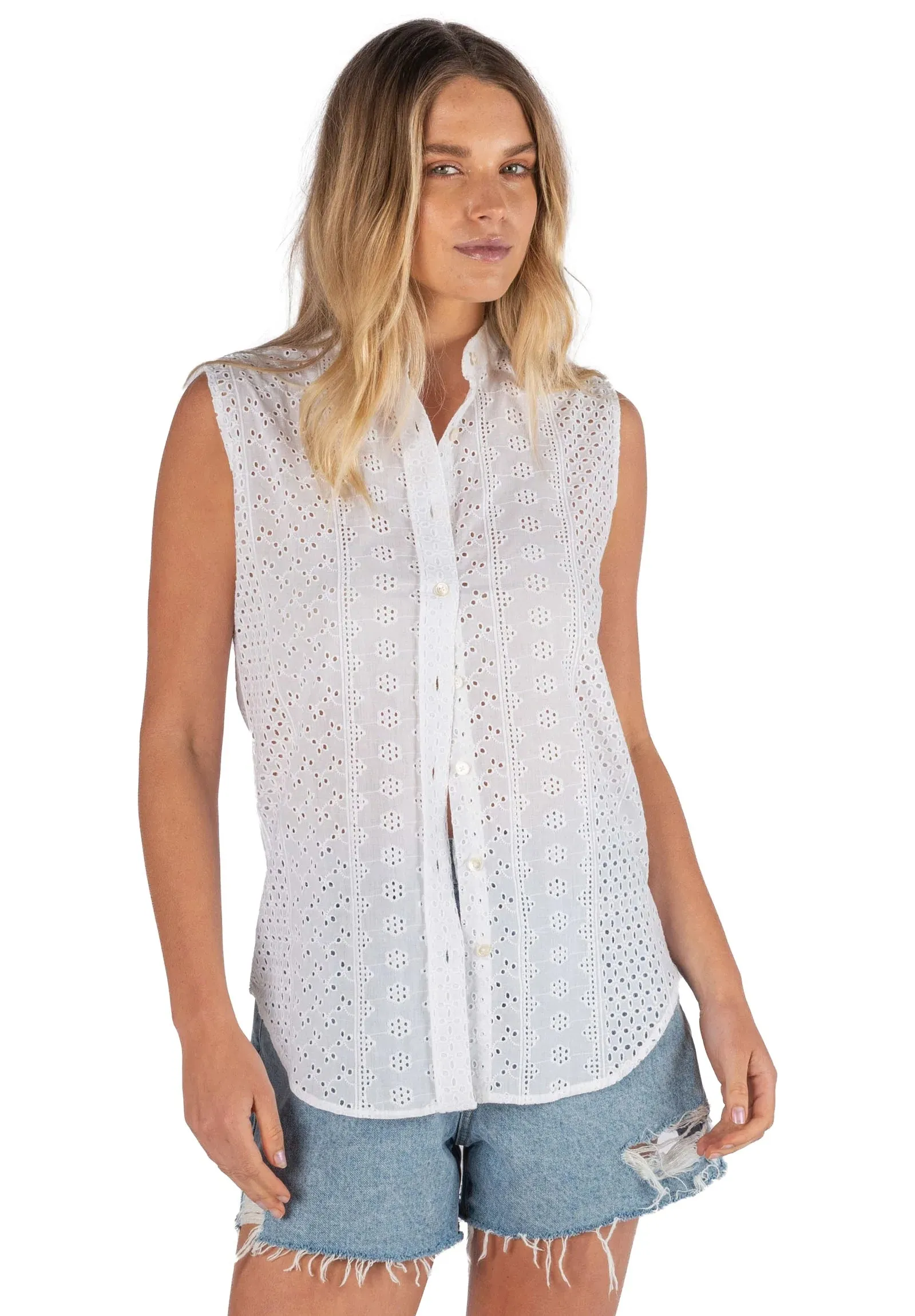 Anna Lace White SS Cotton Shirt - Relaxed Fit