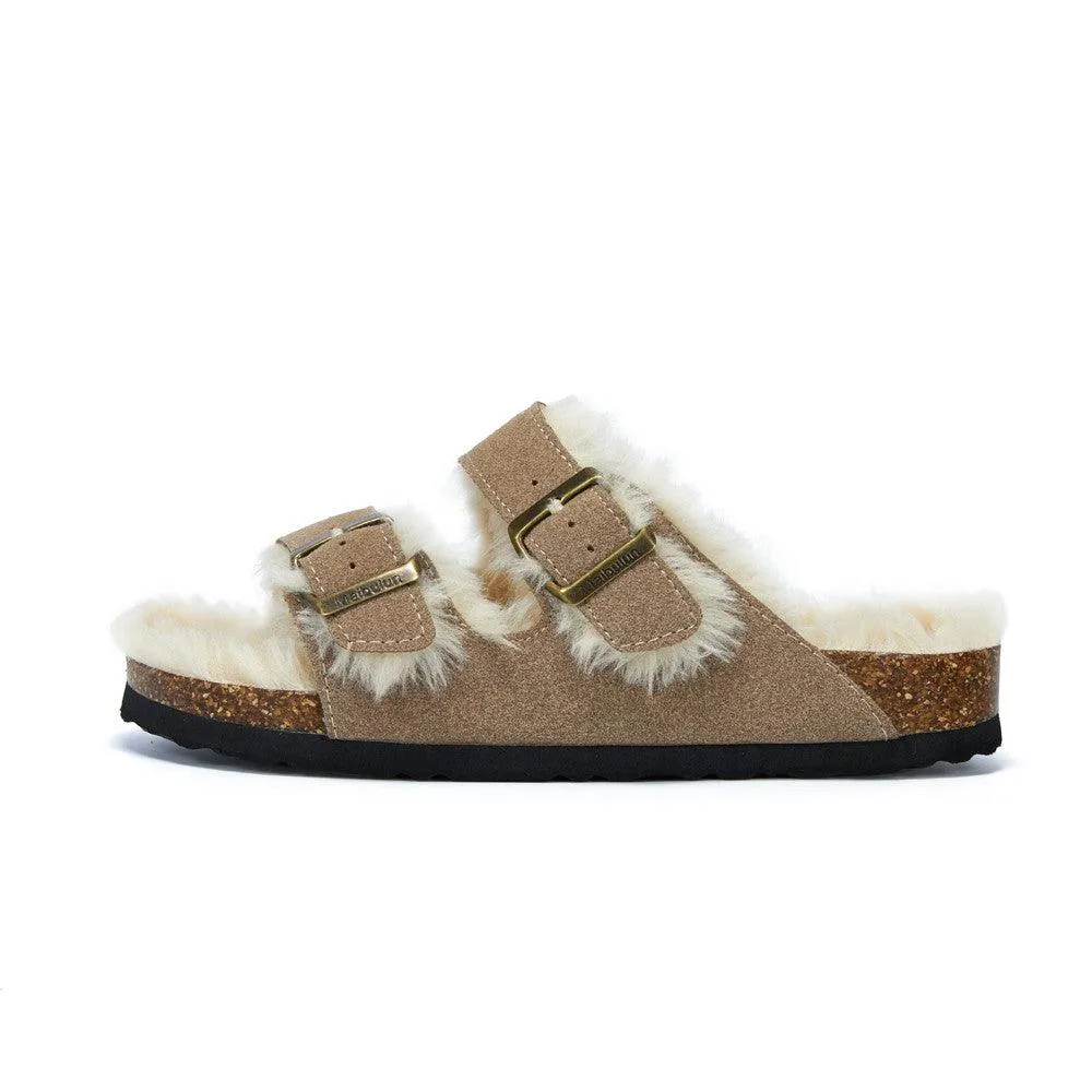 Autumn And Winter Plush Flat Bottomed Frosted Leather Boken Cork Slippers