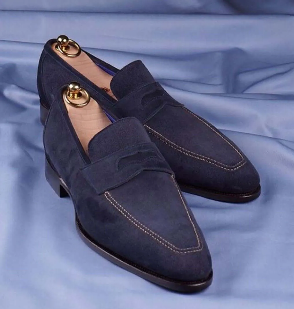 Bespoke Navy Blue Suede Penny Loafer Shoes for Men