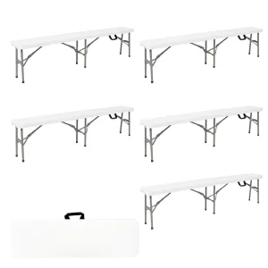 BTExpert 6 feet Plastic Folding Bench Indoor Outdoor Portable Picnic Party Garden Dining Seat Camping Soccer Multipurpose Activities w/Handle UV Waterproof Steel Frame Stackable Fold-in-Half Set of 5