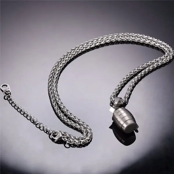 Classy Men Silver Grenade Pendant Necklace