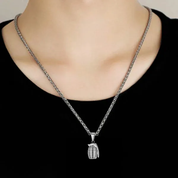 Classy Men Silver Grenade Pendant Necklace