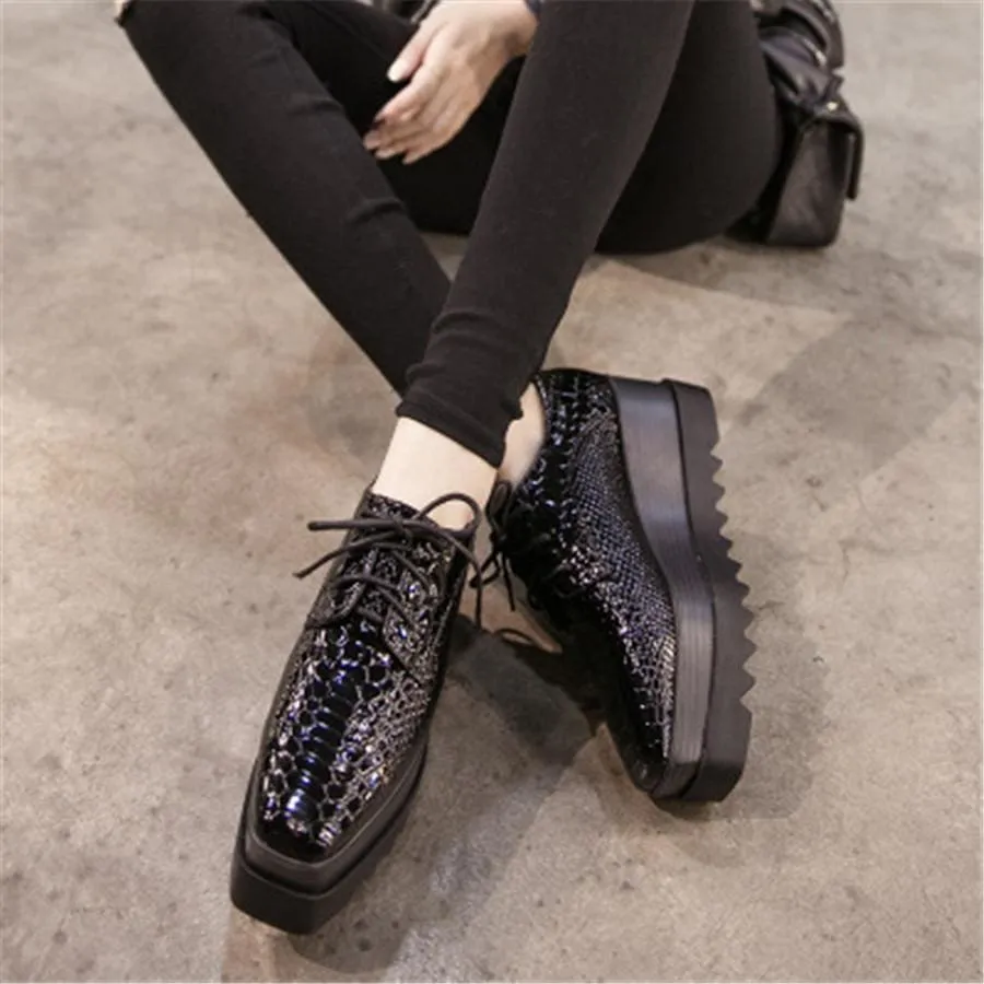 Crocodile Patent Leather British Oxford Women Shoes