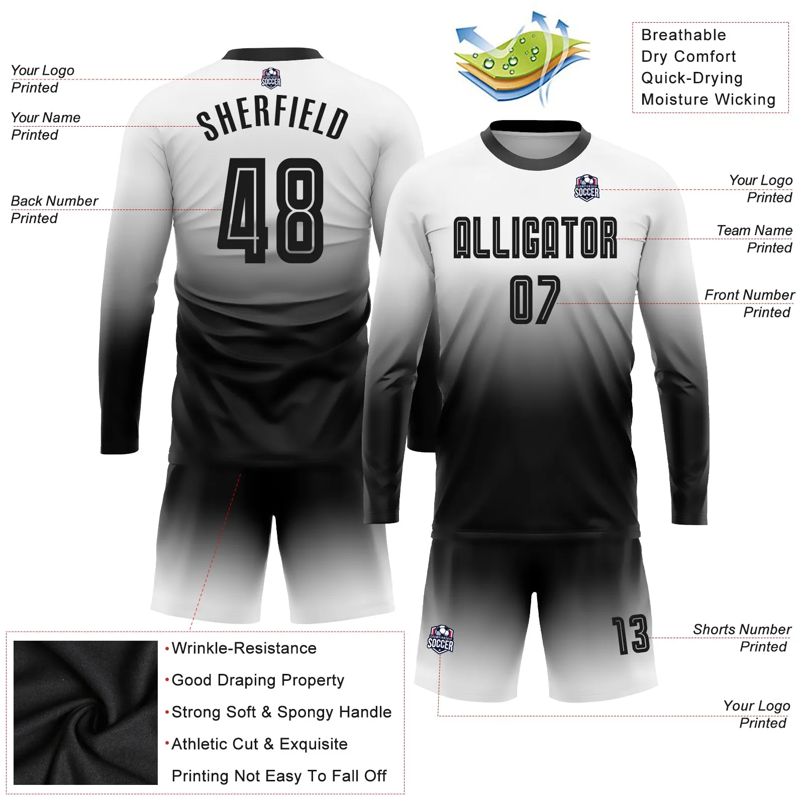 Custom White Black Sublimation Long Sleeve Fade Fashion Soccer Uniform Jersey