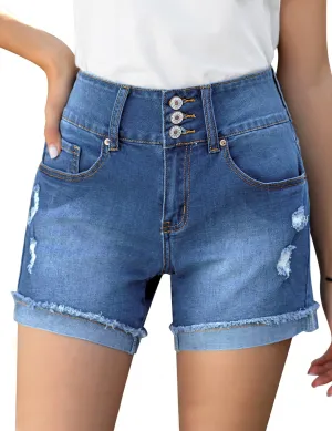 Deep Blue High Waist Folded Raw Hem Distressed Triple Button Denim Shorts