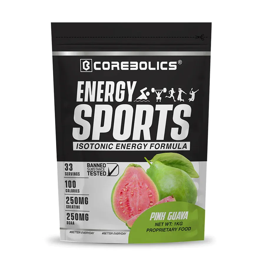 Energy Sports (Electrolyte Powder Fortified With Bcaa | Glutamine | Creatine Monohydrate And Vitamins) - Pink Guava - 1 Kg