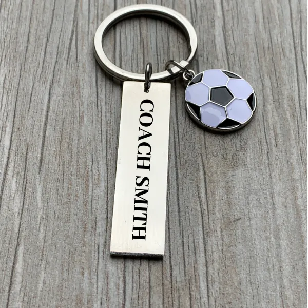 Engraved Soccer Coach Bar Keychain