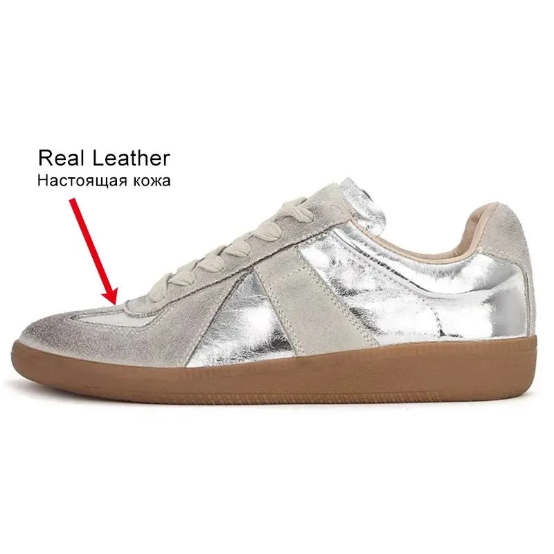 Genuine Leather Women's Casual Silver Sneakers - Lace-Up Athletic Flats