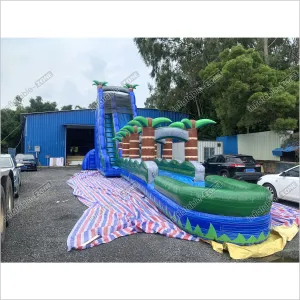 Inflatable Water Slide With Palm Trees Large Outdoor Inflatables Water Play Jumping Castle Slip And Slide Into Pool