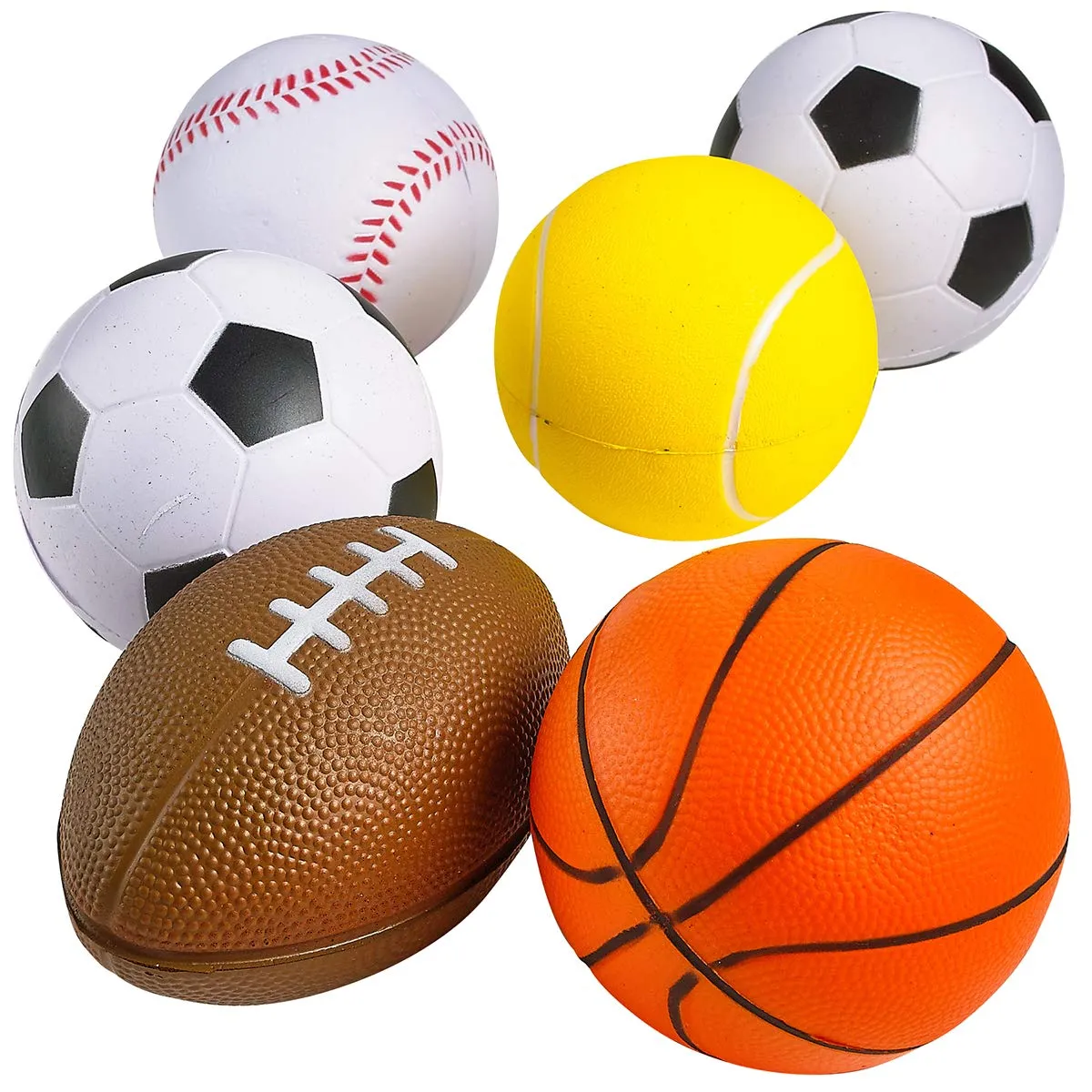 Kicko Foam Sports Balls - Pack of 6 Assorted Squeeze Balls for Stress Relief, Stocking