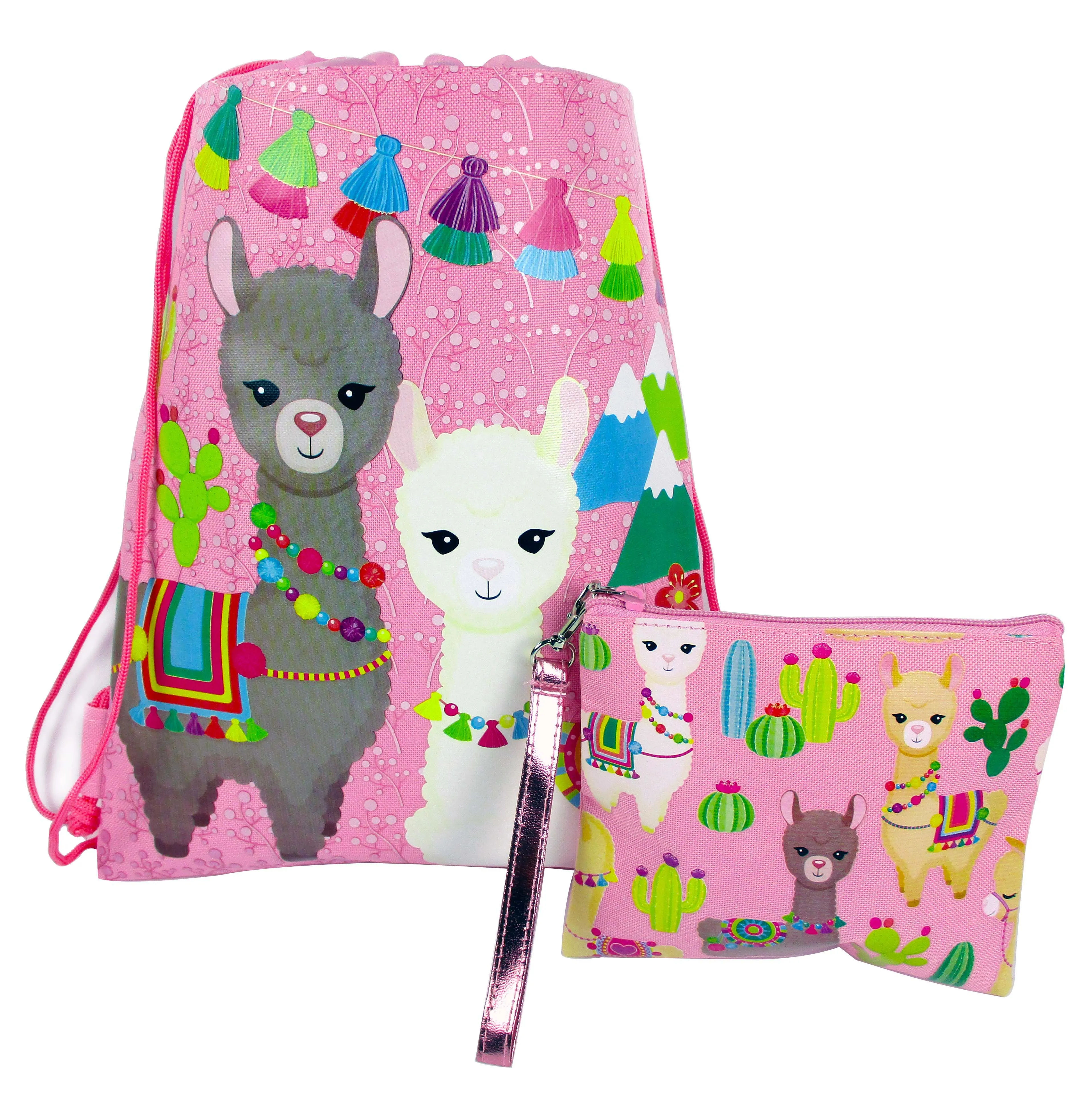 Llamas Drawstring Backpack with Wristlet 2 Piece Set Travel Gym Cheer (Pink)