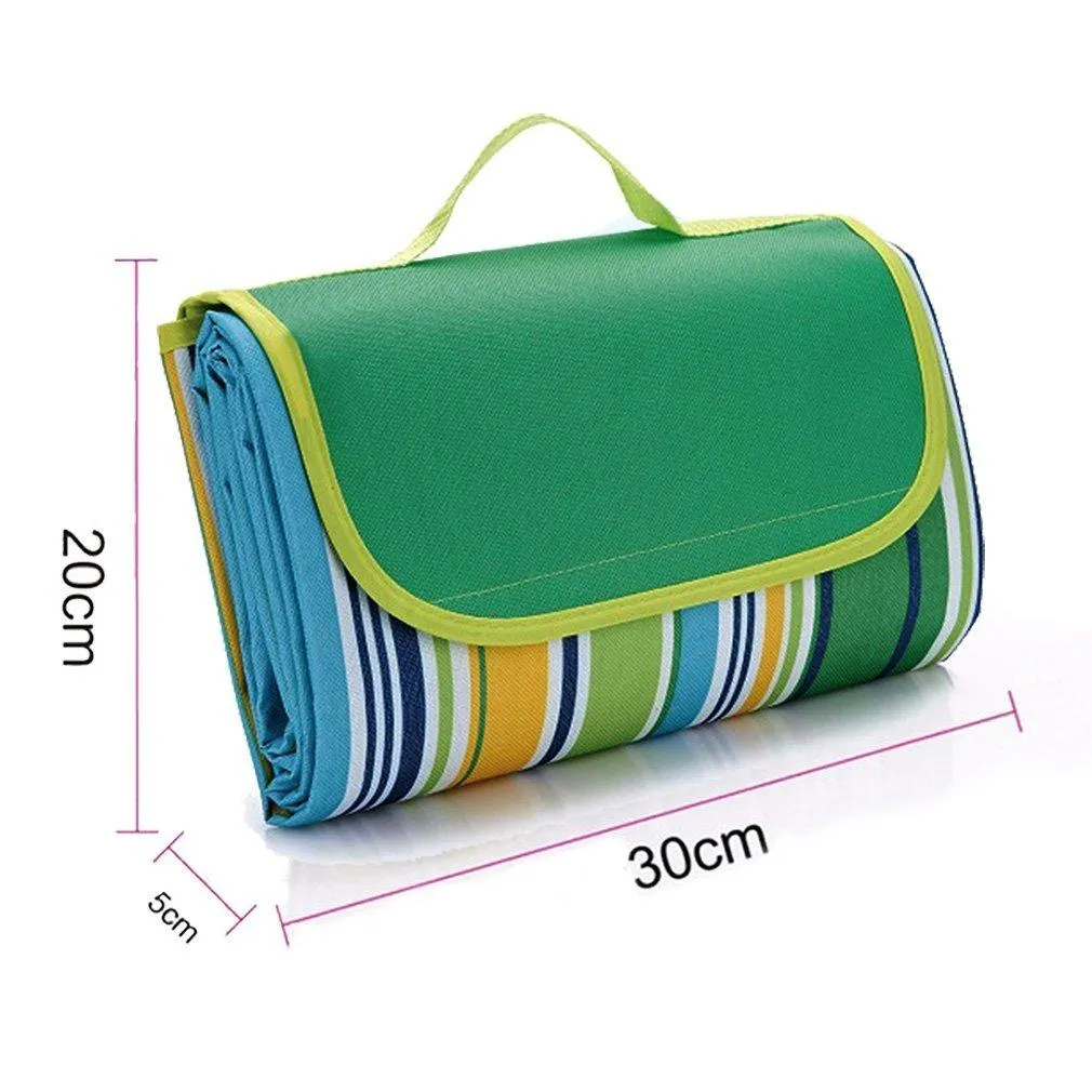 Outmall Beach Blanket, Portable Foldable Waterproof Sandproof Mat Outdoor Travel Camping Picnic Blanket Tote for BBQ Hiking Backyard Grass Sports and Games - 79&quot; L x 57&quot; W Size (Green Stripe)