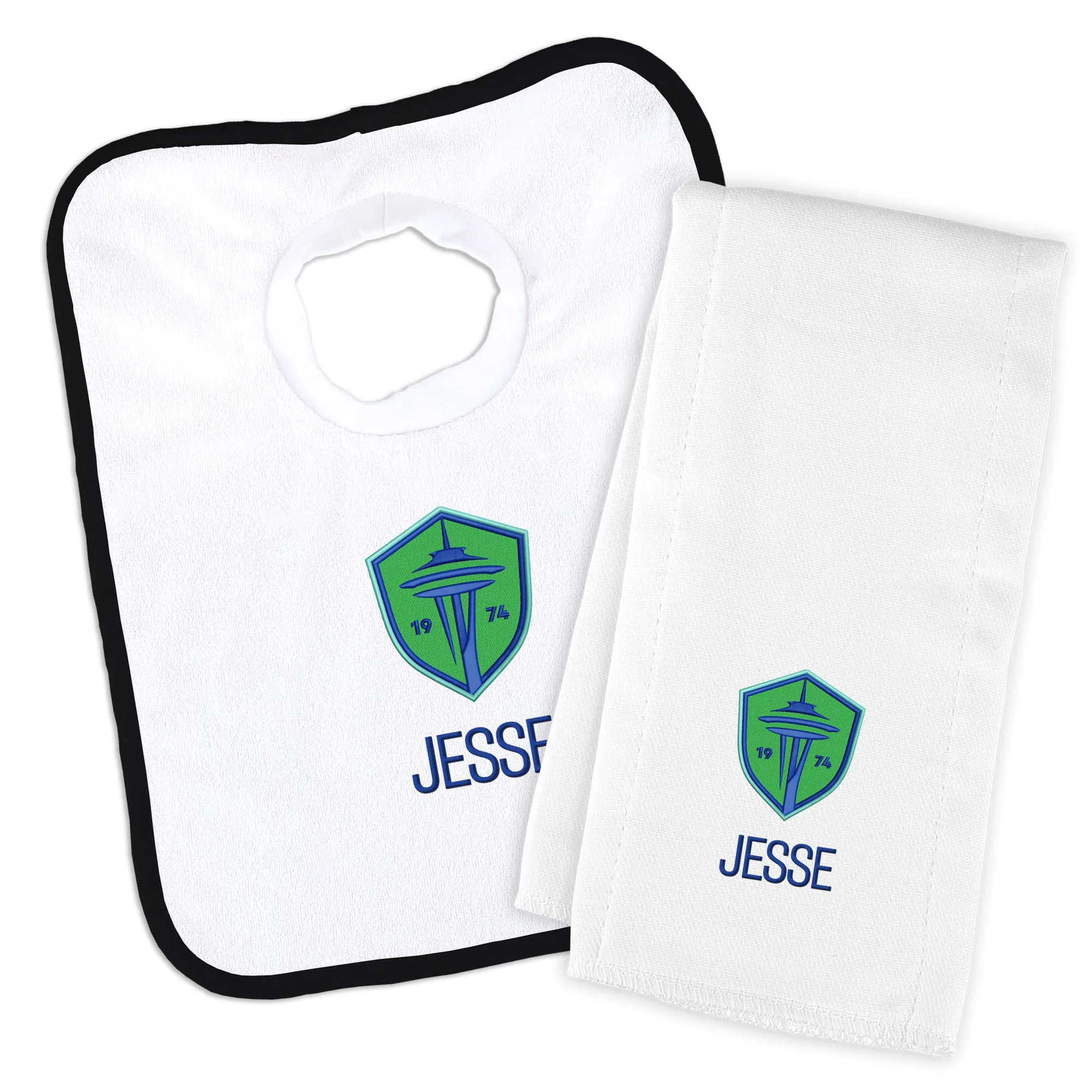 Personalized Seattle Sounders Bib and Burp Cloth Set