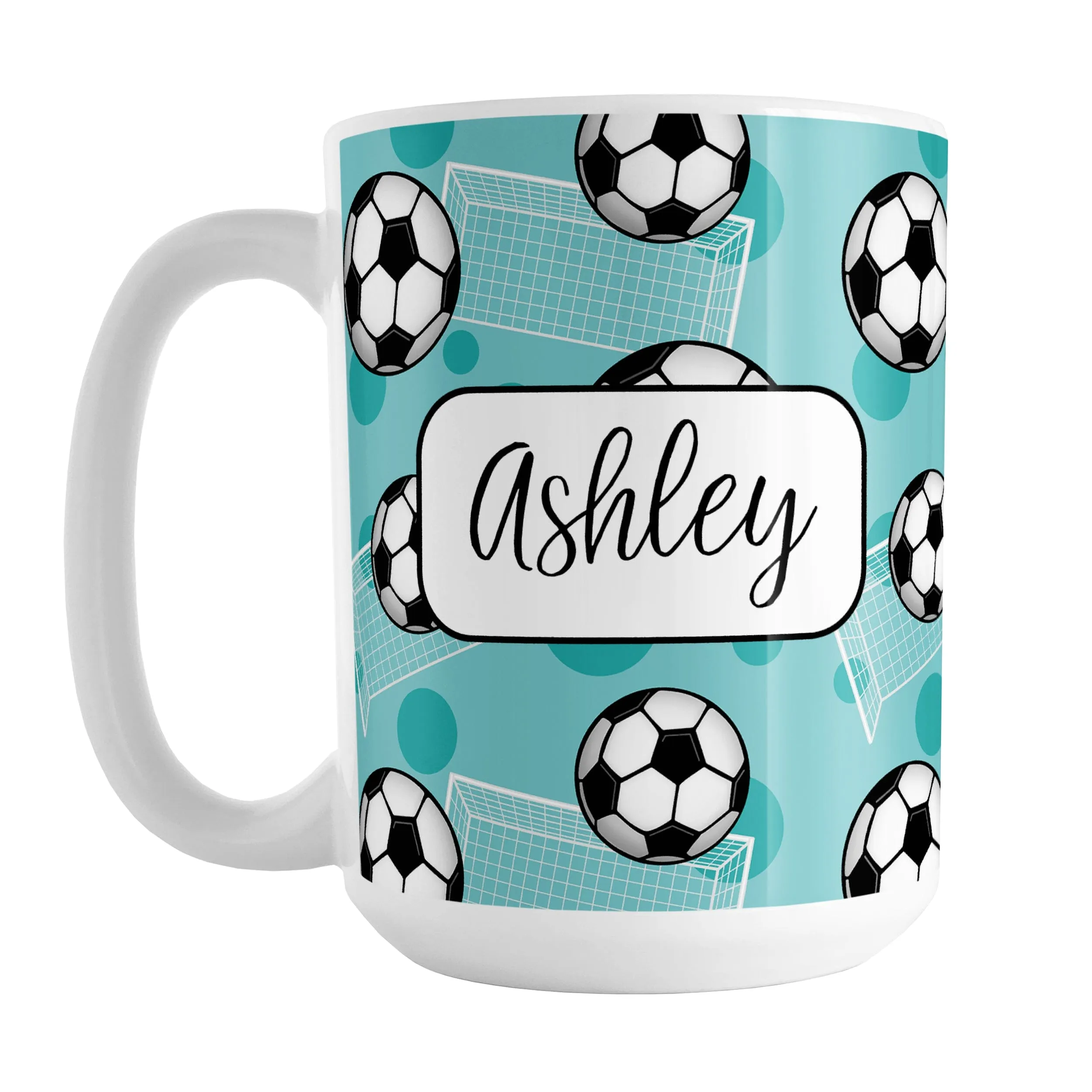 Personalized Teal Soccer Ball and Goal Mug