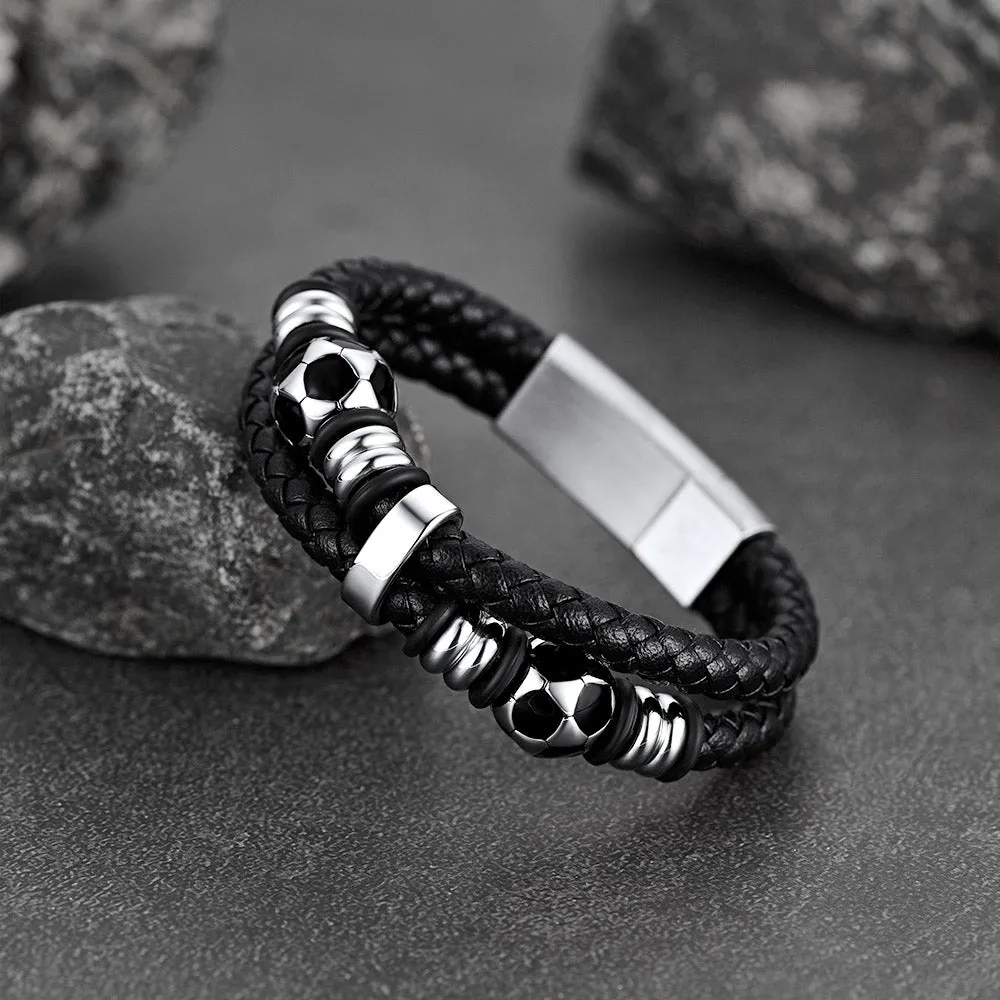 Punk Soccer Black Leather Braided Bracelet for Men