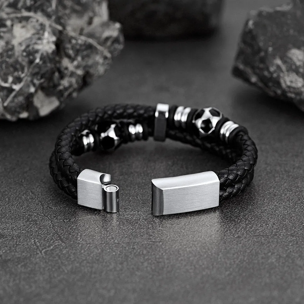 Punk Soccer Black Leather Braided Bracelet for Men