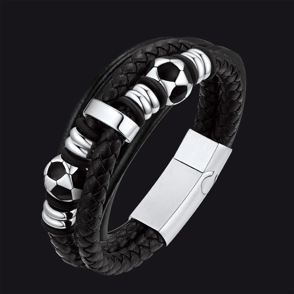 Punk Soccer Black Leather Braided Bracelet for Men