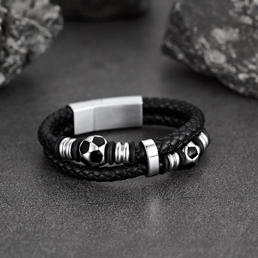 Punk Soccer Black Leather Braided Bracelet for Men