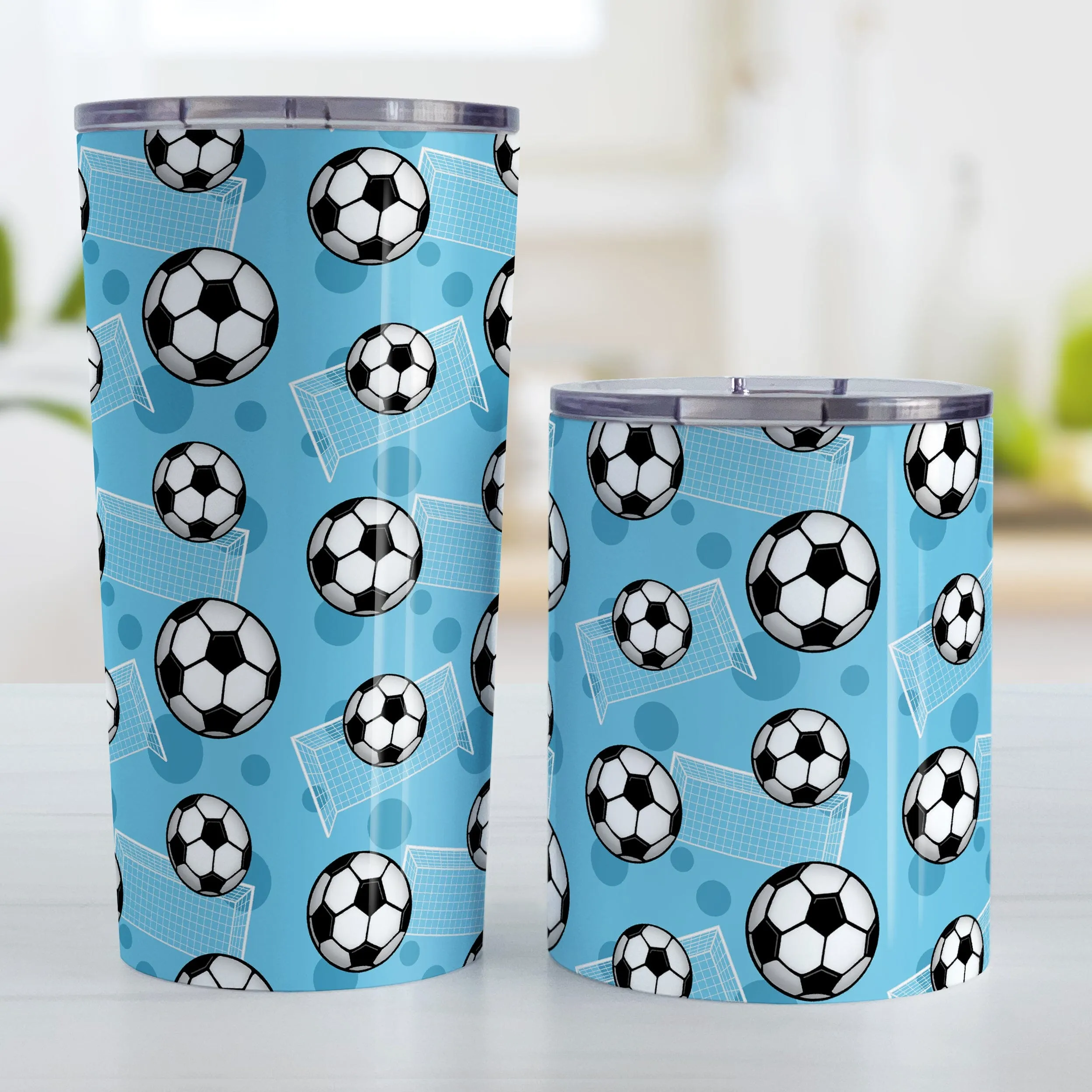 Soccer Ball and Goal Pattern Blue Tumbler Cup