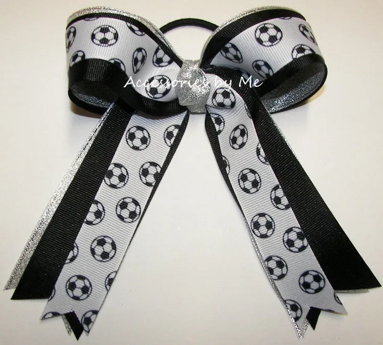 Soccer Black Silver Metallic Ponytail Bow