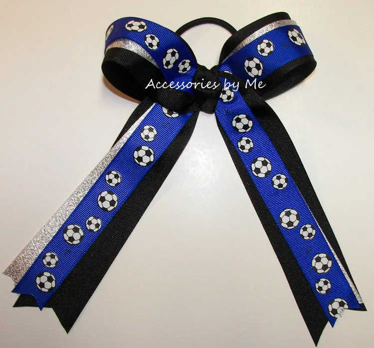 Soccer Blue Silver Ponytail Holder Bow