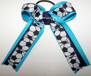 Soccer Navy Blue Turquoise Glitter Ponytail Bow