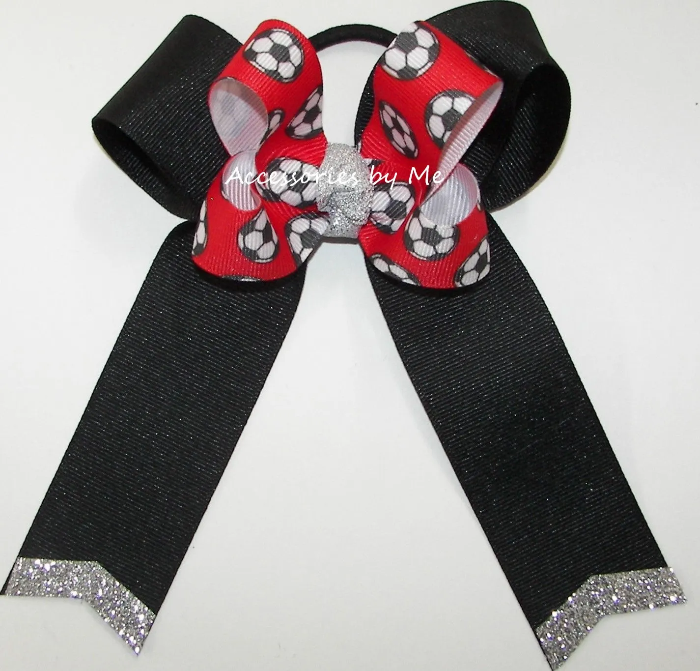 Soccer Red Black Silver Glitter Hair Bow