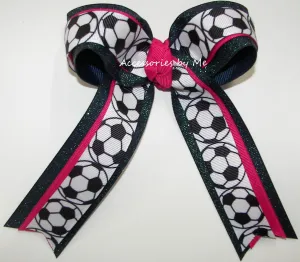 Soccer Shocking Pink Navy Glitter Ponytail Bow