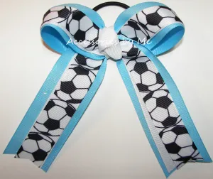 Soccer White Blue Glitter Ponytail Bow