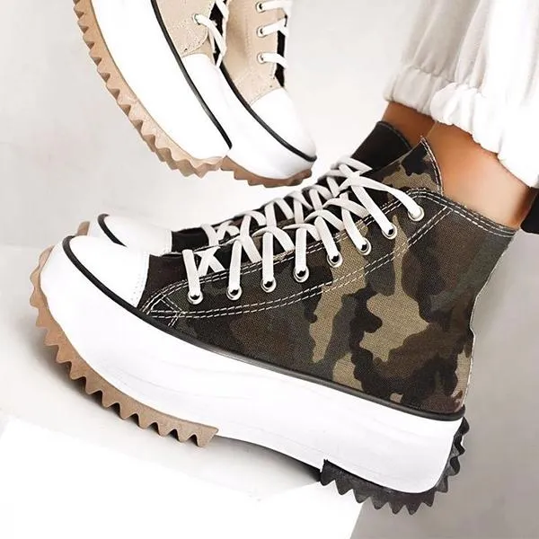 Sohiwoo  Women Thick-soled Wave Pattern Anti-skid Heightening Platform Canvas Lace-Up Sneakers sneakers