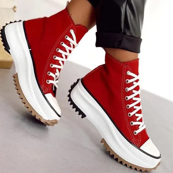 Sohiwoo  Women Thick-soled Wave Pattern Anti-skid Heightening Platform Canvas Lace-Up Sneakers sneakers