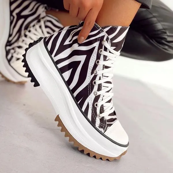 Sohiwoo  Women Thick-soled Wave Pattern Anti-skid Heightening Platform Canvas Lace-Up Sneakers sneakers