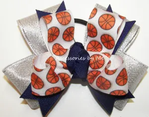 Sparkly Basketball Navy Blue Silver Hair Bow