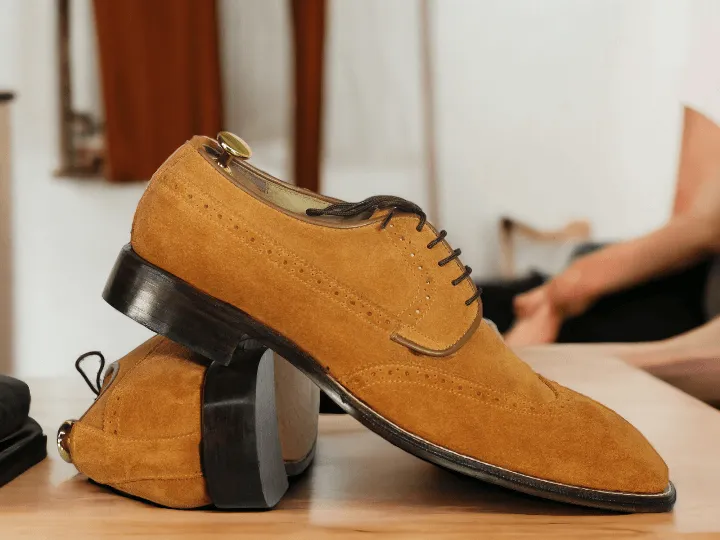 Stylish Men's Handmade Tan Wing Tip Lace Up Shoes, Men Suede Designer Shoes