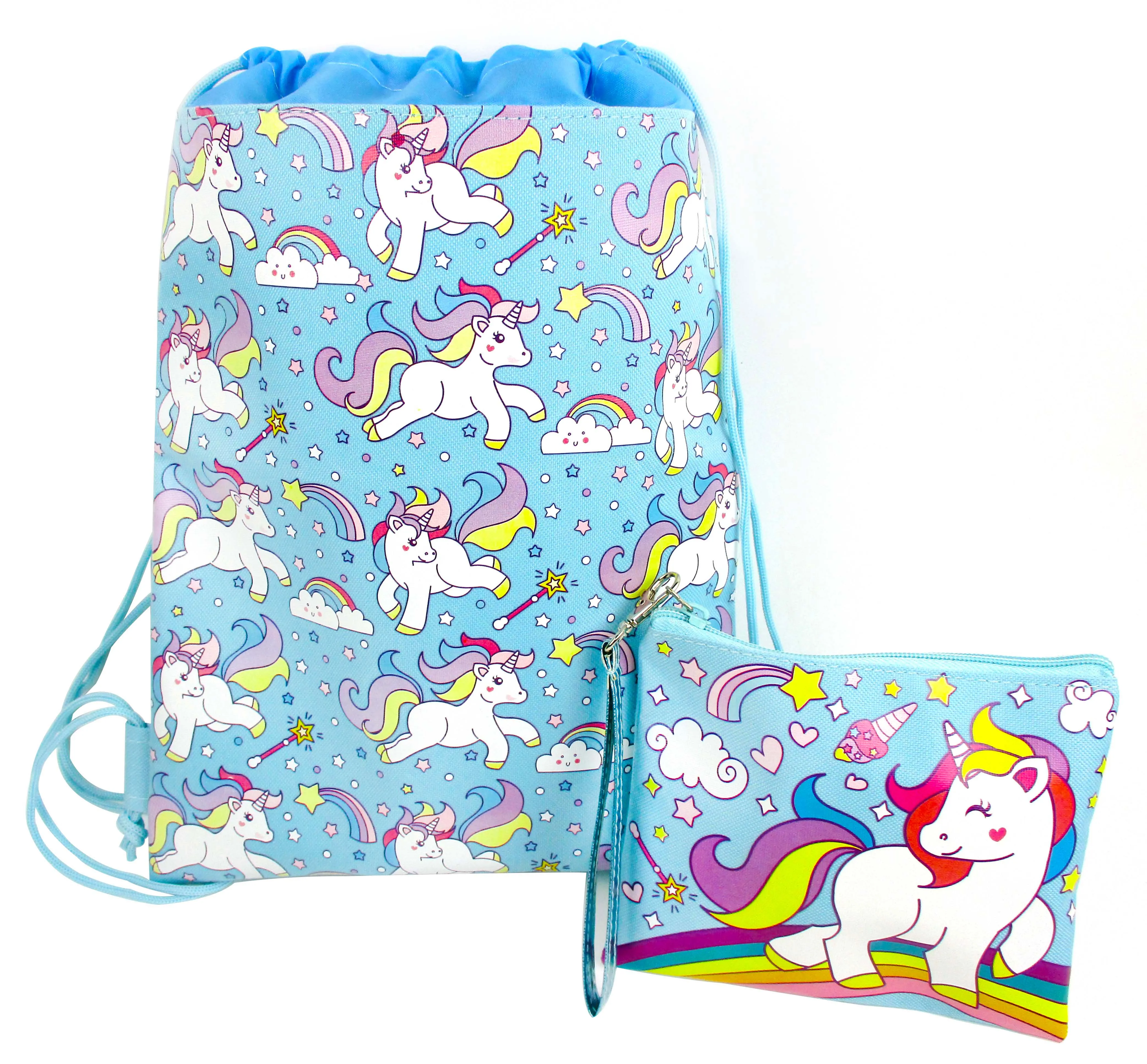 Unicorn Drawstring Backpack with Wristlet 2 Piece Set Travel Gym Cheer (Blue)