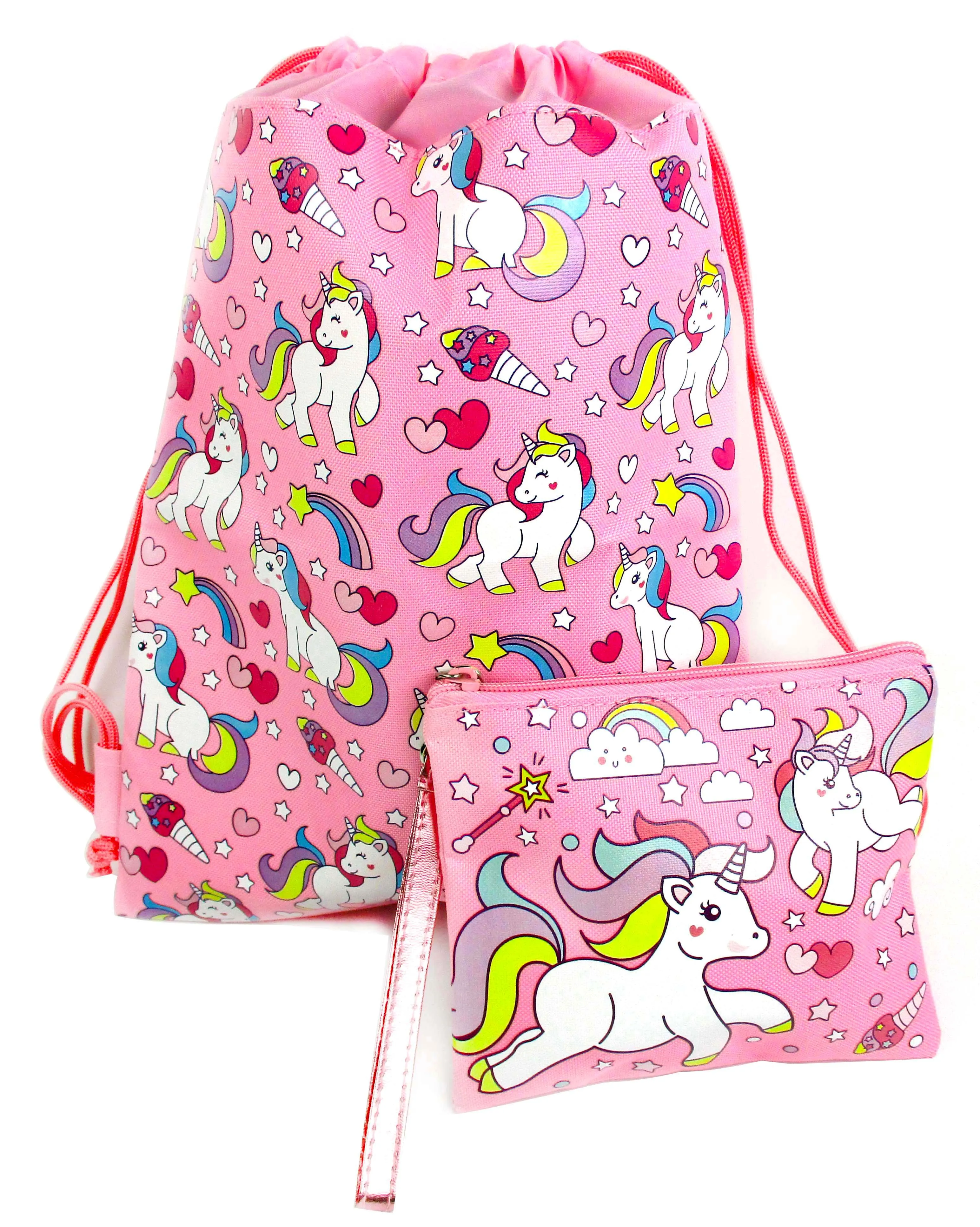 Unicorn Drawstring Backpack with Wristlet 2 Piece Set Travel Gym Cheer (Pink)