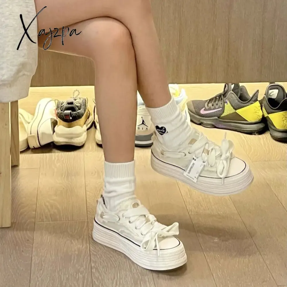 Xajzpa - Pure White Canvas Shoes for Women Winter Style Korean Style All-match Breathable Thick-soled Heightened White Shoes