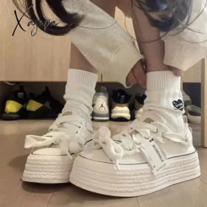 Xajzpa - Pure White Canvas Shoes for Women Winter Style Korean Style All-match Breathable Thick-soled Heightened White Shoes