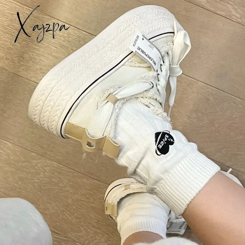 Xajzpa - Pure White Canvas Shoes for Women Winter Style Korean Style All-match Breathable Thick-soled Heightened White Shoes